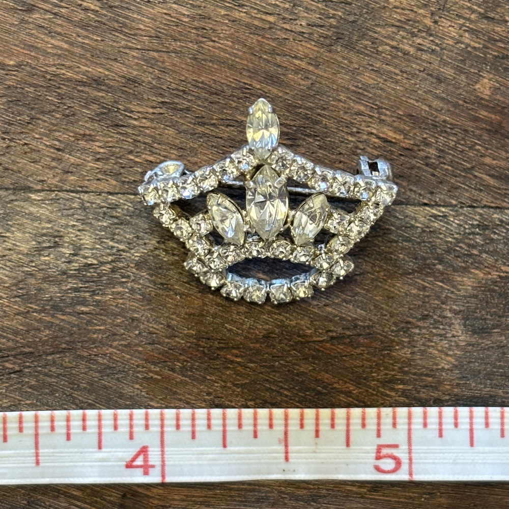 Ornate Crown Faux Diamond Rhinestone Brooch Silver Tone